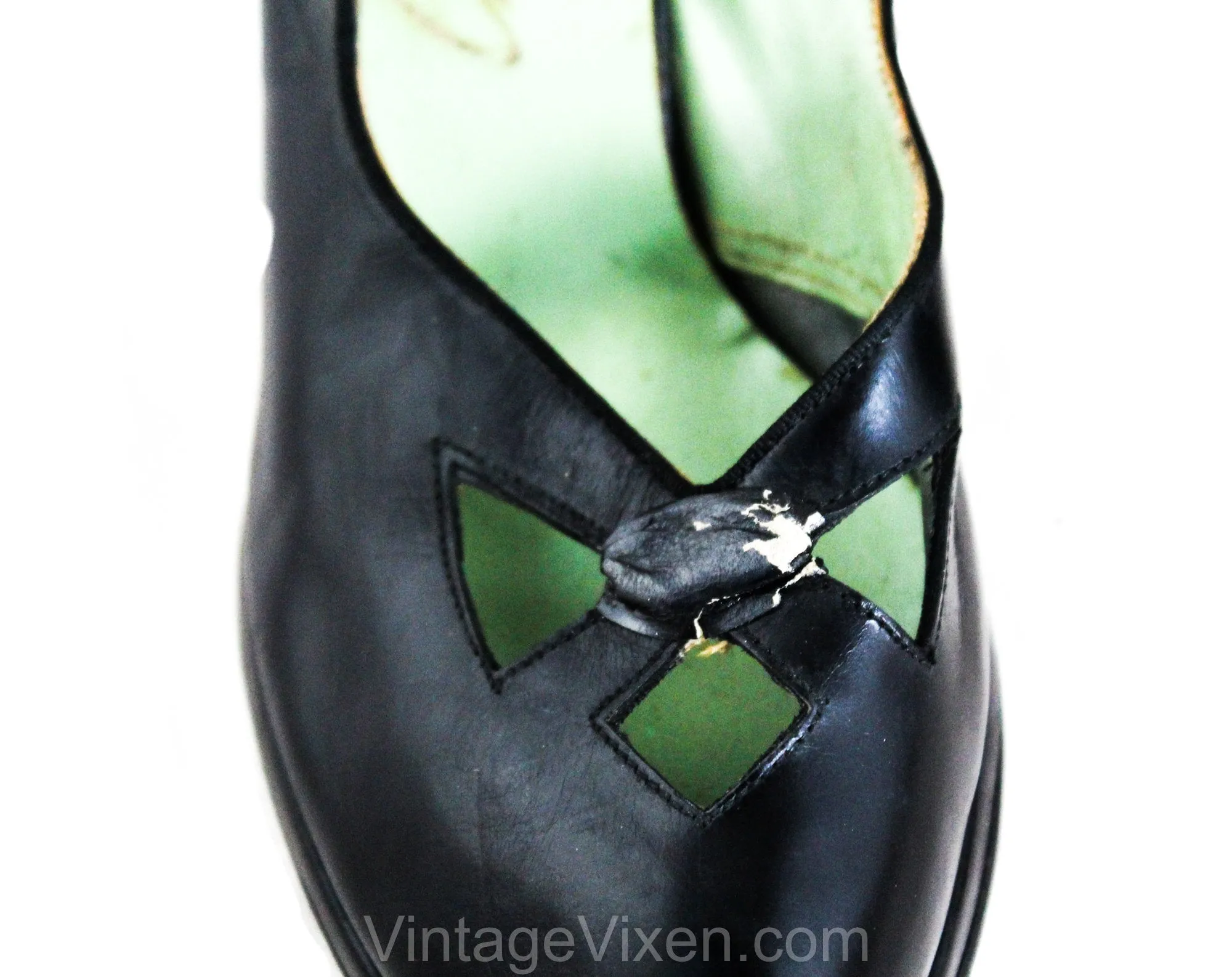 1940s Black Leather Shoes - Size 6 Narrow 40s Peep Toe Pumps - Art Deco Cutout Design - Flapper Girl Slingbacks - Deadstock by Charm Step