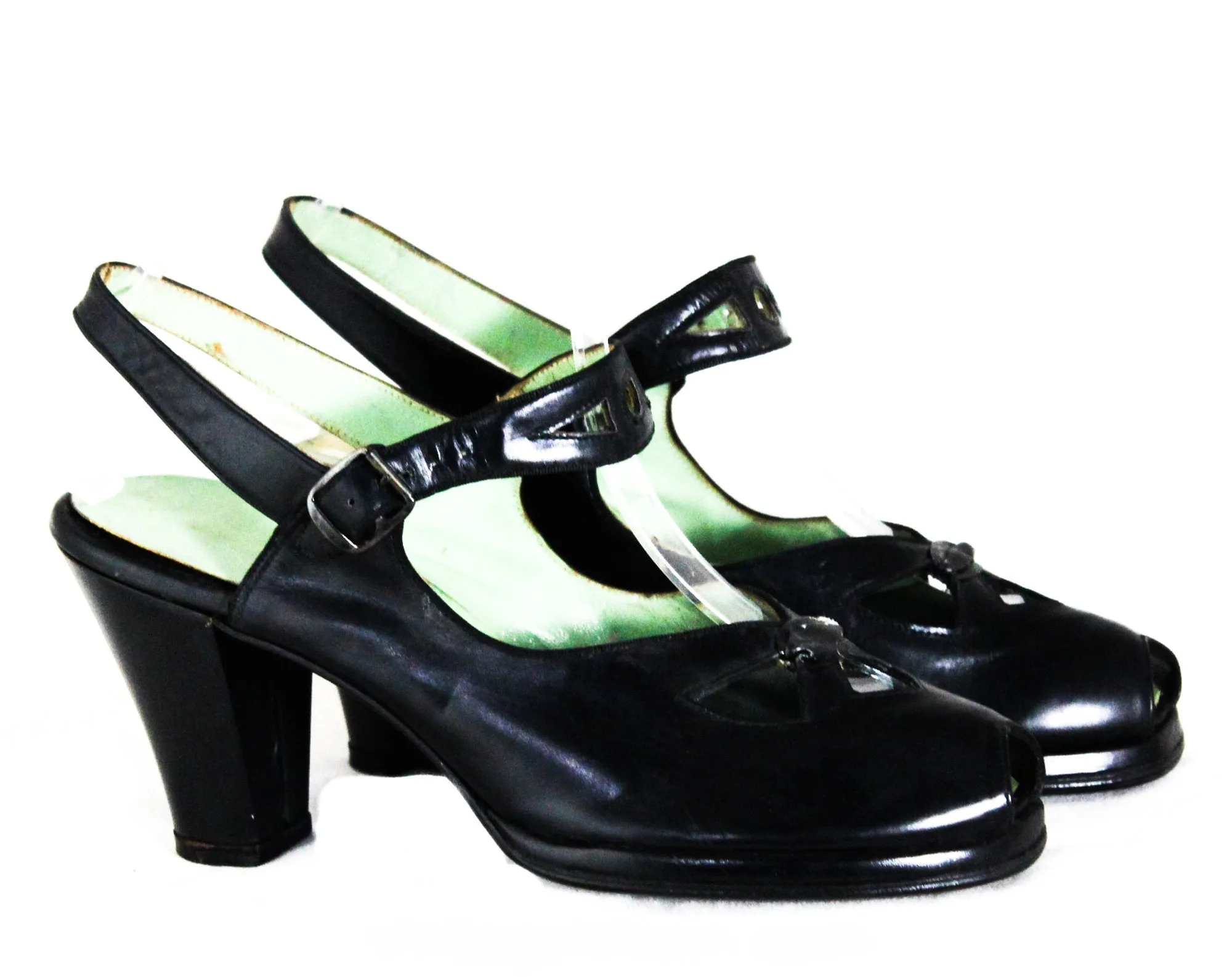 1940s Black Leather Shoes - Size 6 Narrow 40s Peep Toe Pumps - Art Deco Cutout Design - Flapper Girl Slingbacks - Deadstock by Charm Step