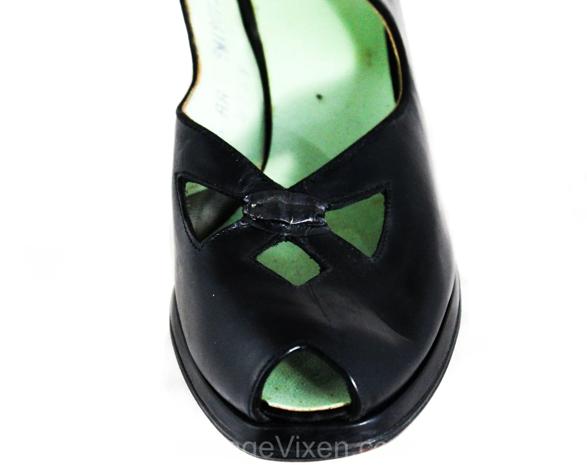 1940s Black Leather Shoes - Size 6 Narrow 40s Peep Toe Pumps - Art Deco Cutout Design - Flapper Girl Slingbacks - Deadstock by Charm Step