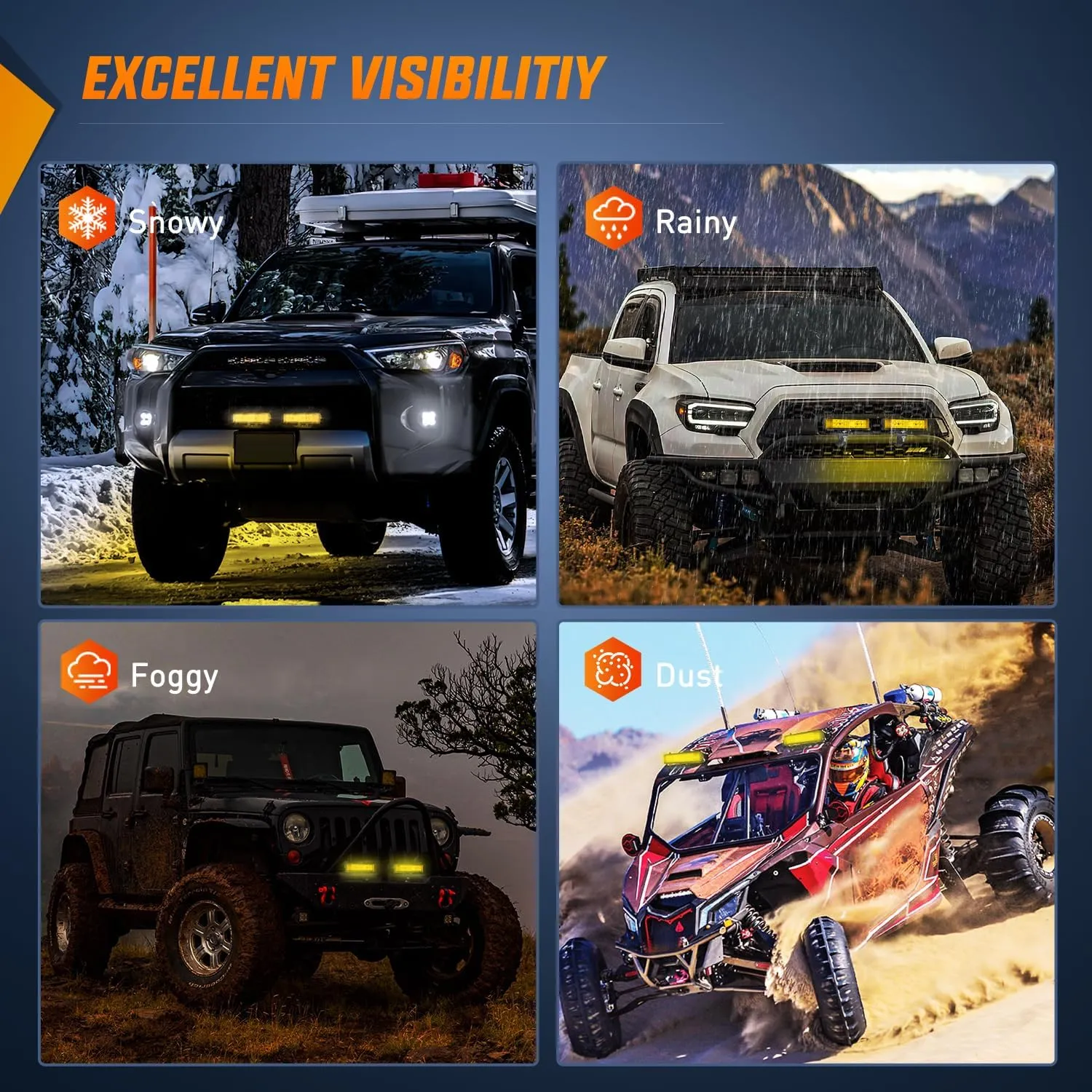 6.5 Inch 60W Amber Side Shooter Quadruple Row Spot Flood LED Light Bars (Pair)