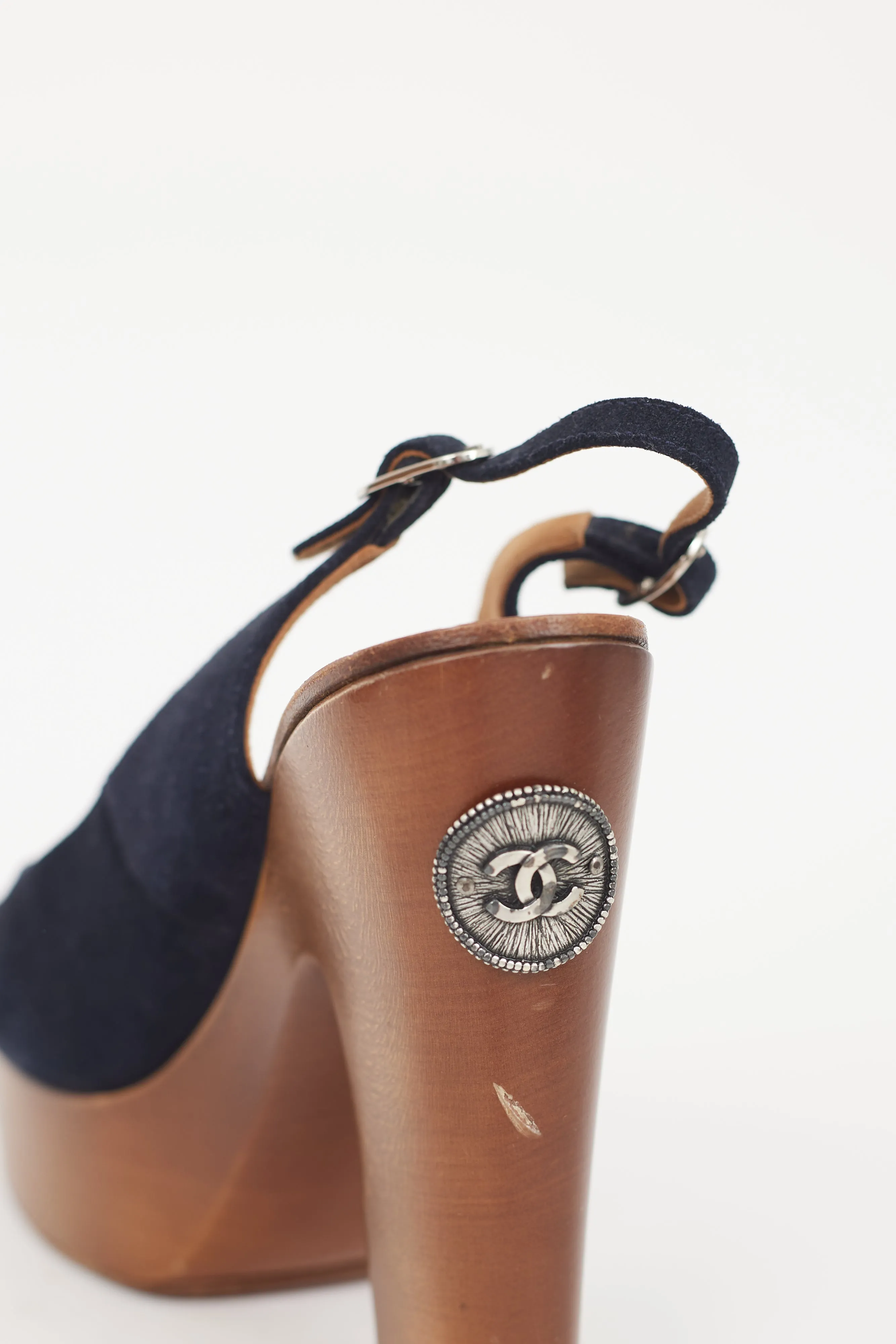 Black Suede & Wooden Platform CC Slingback Sandal