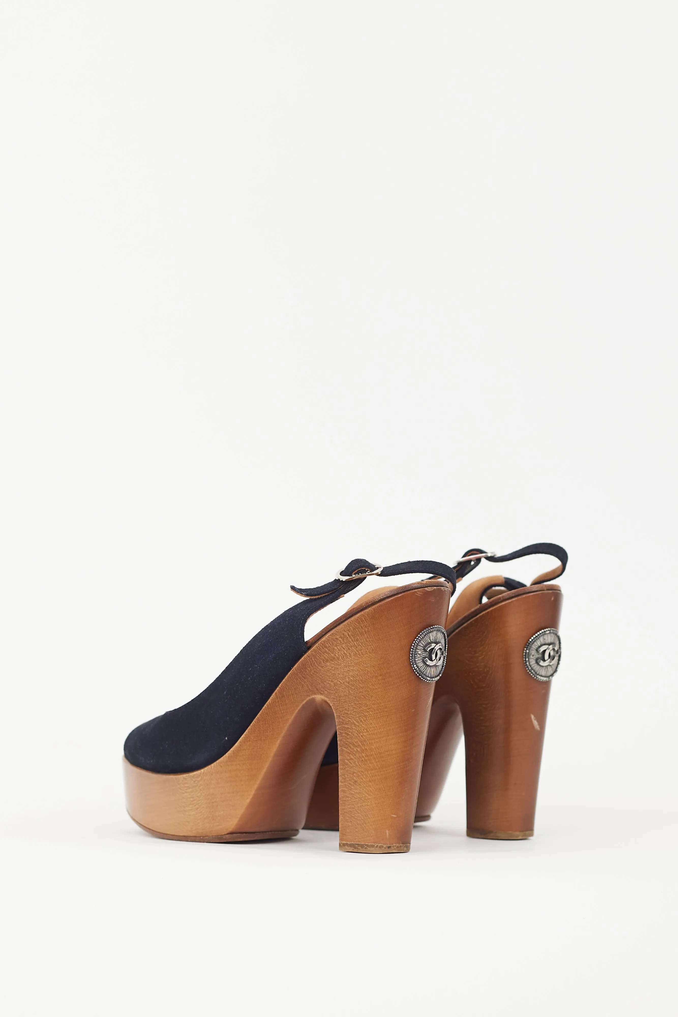 Black Suede & Wooden Platform CC Slingback Sandal