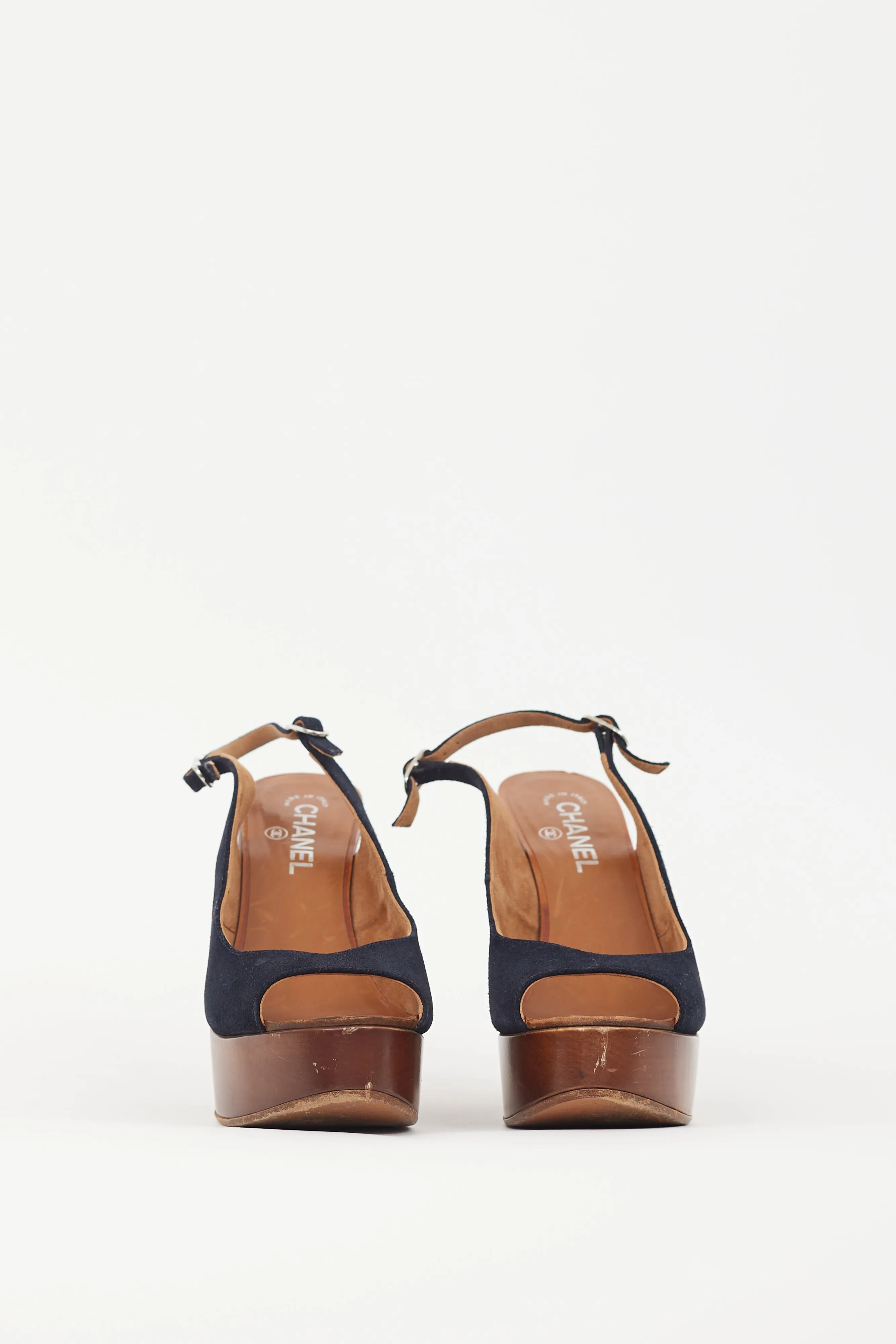 Black Suede & Wooden Platform CC Slingback Sandal
