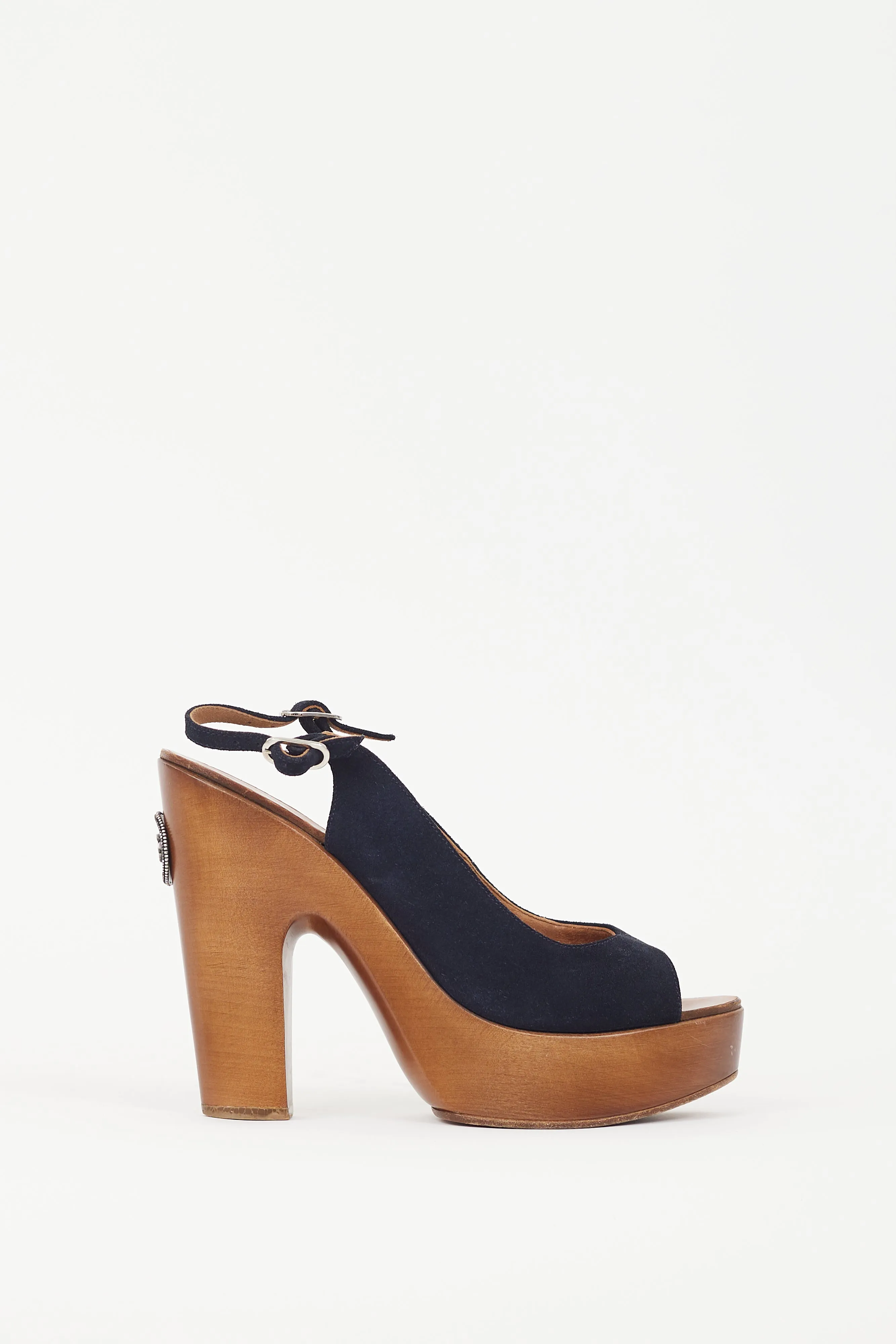 Black Suede & Wooden Platform CC Slingback Sandal