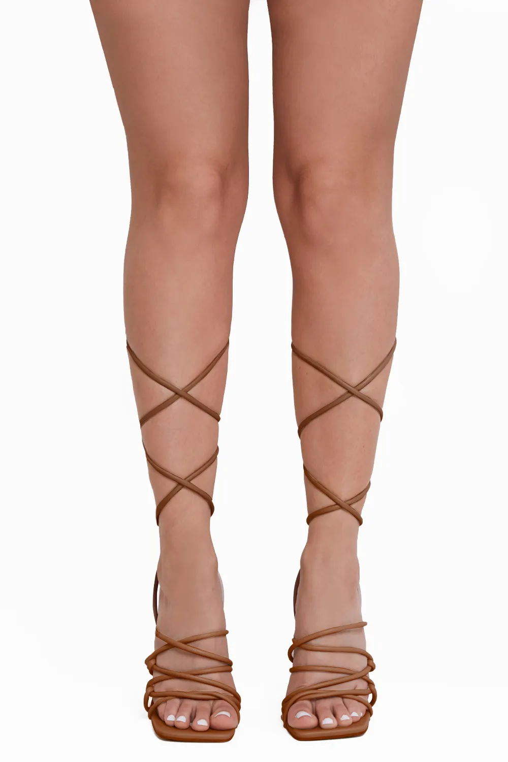 BROWN PU STRAPPY LACEUP HEEL