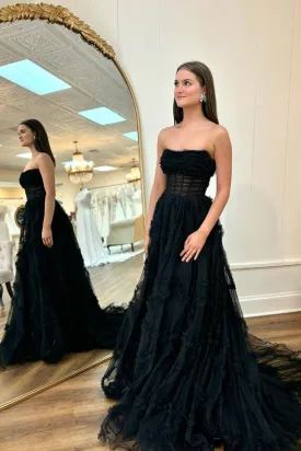 Cute A Line Strapless Black Tiered Tulle Lone Prom Dresses