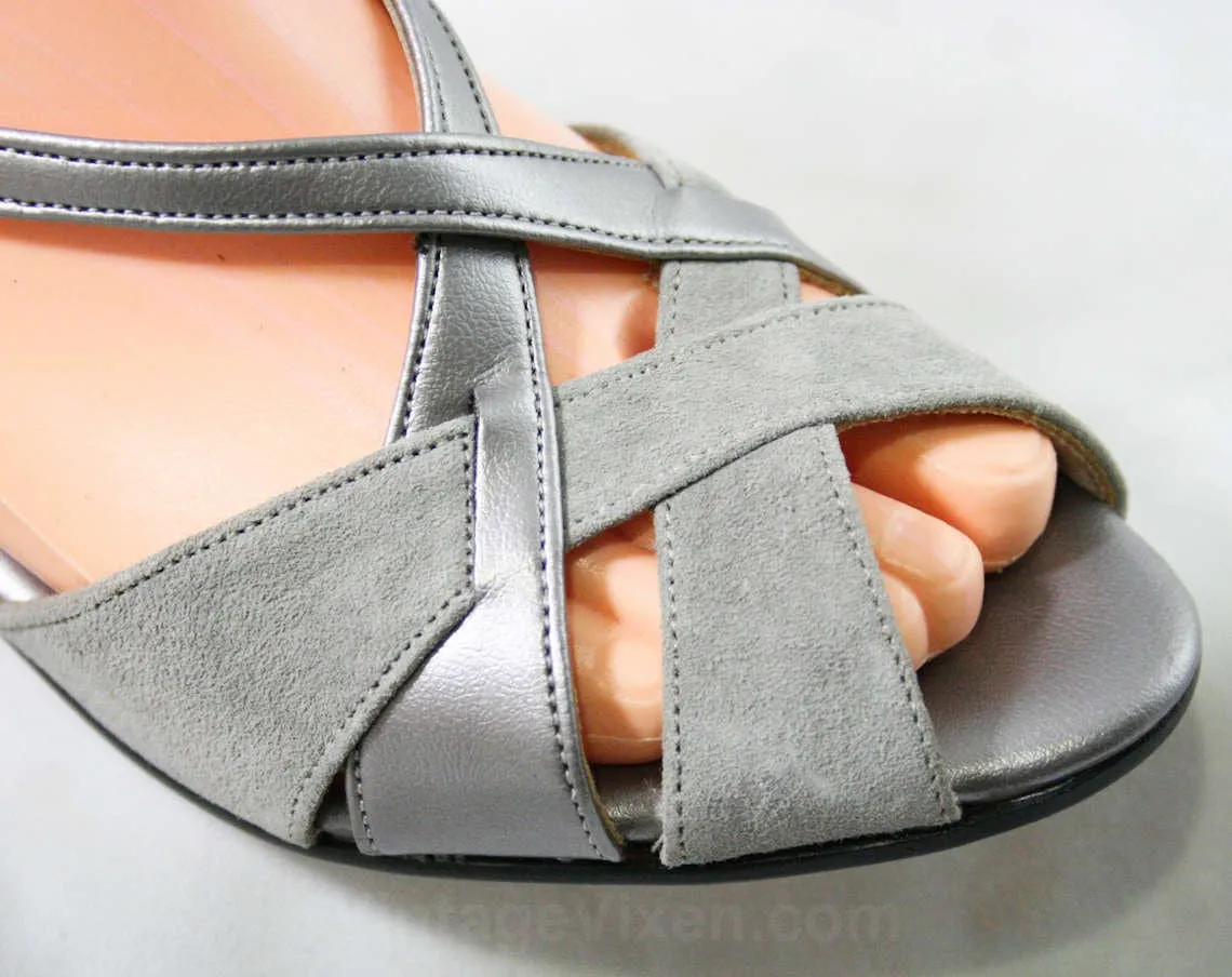 Deco Style 70s Sandals - Size 6 1/2 M - Metallic Silver & Gray Suede 1970s Shoes - Deadstock - Peep Toe - Slingback - Hush Puppies - 43219-3