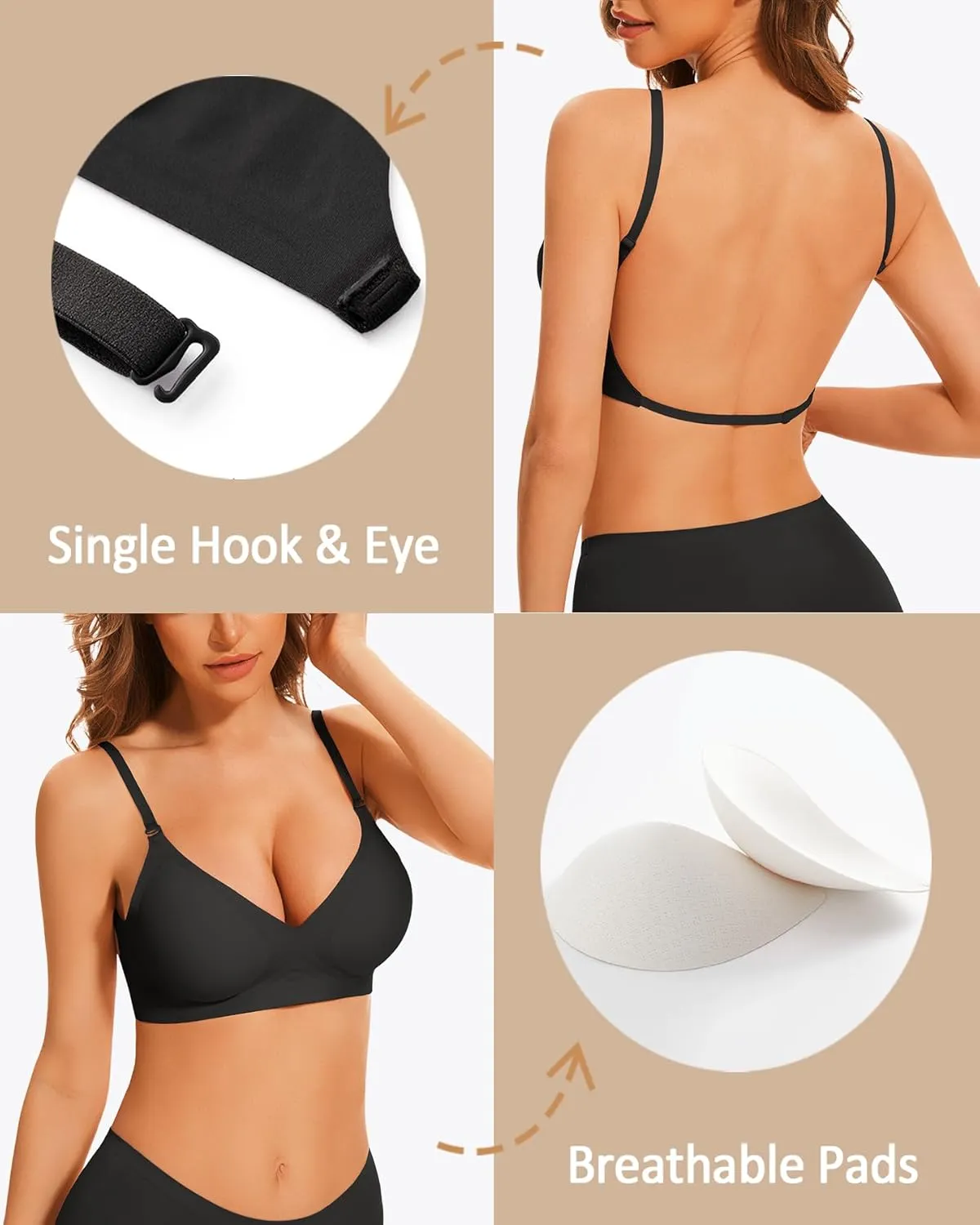 Deep V Neck Backless Bras for Women Padded Bralette Push Up Seamless Wire-Free Low Back Bra Convertible Straps