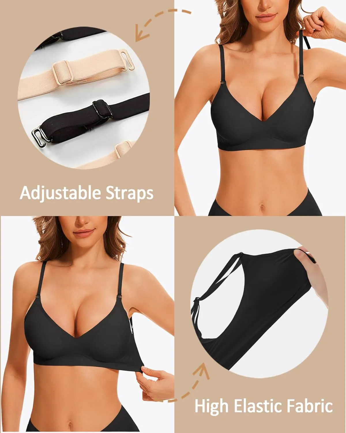 Deep V Neck Backless Bras for Women Padded Bralette Push Up Seamless Wire-Free Low Back Bra Convertible Straps