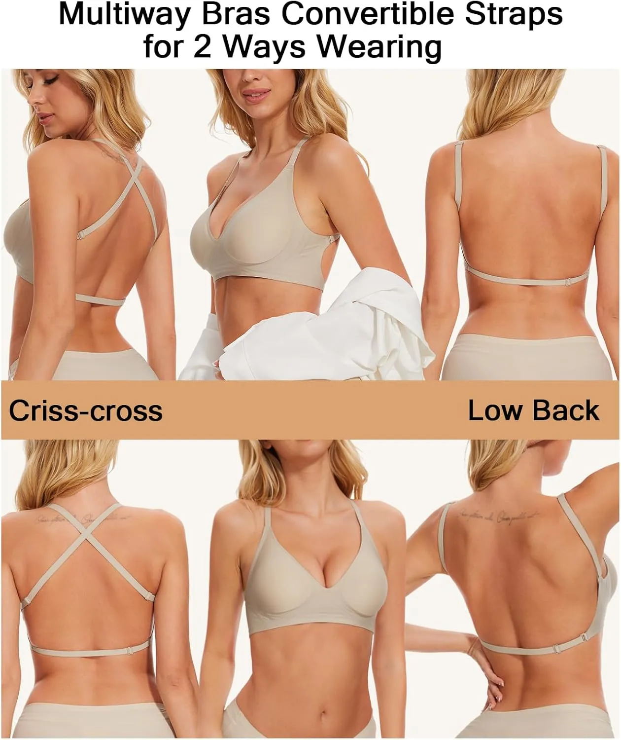 Deep V Neck Backless Bras for Women Padded Bralette Push Up Seamless Wire-Free Low Back Bra Convertible Straps