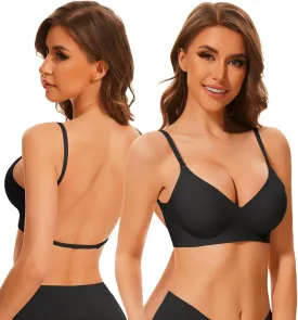 Deep V Neck Backless Bras for Women Padded Bralette Push Up Seamless Wire-Free Low Back Bra Convertible Straps