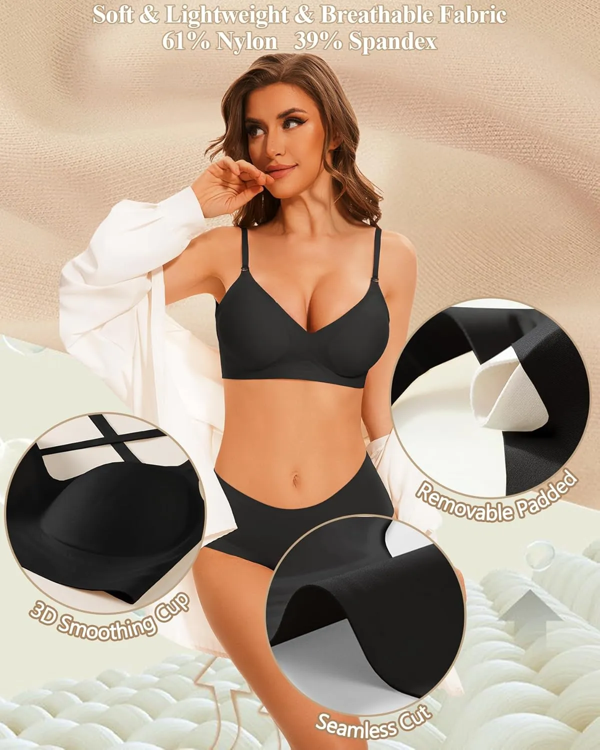 Deep V Neck Backless Bras for Women Padded Bralette Push Up Seamless Wire-Free Low Back Bra Convertible Straps