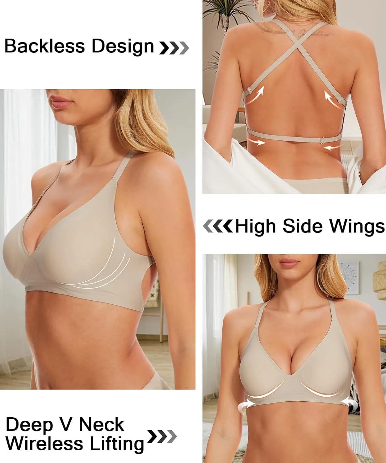 Deep V Neck Backless Bras for Women Padded Bralette Push Up Seamless Wire-Free Low Back Bra Convertible Straps