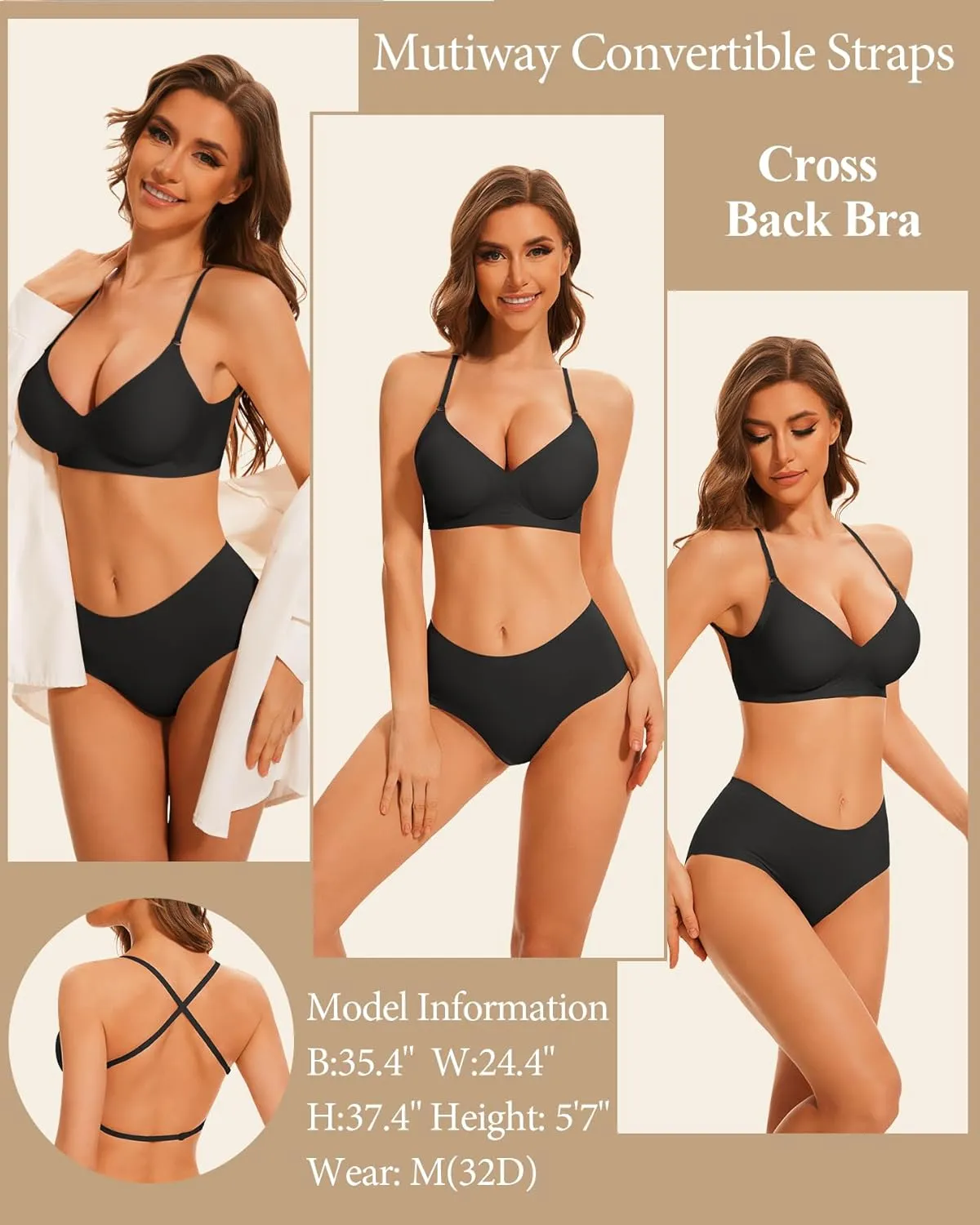 Deep V Neck Backless Bras for Women Padded Bralette Push Up Seamless Wire-Free Low Back Bra Convertible Straps