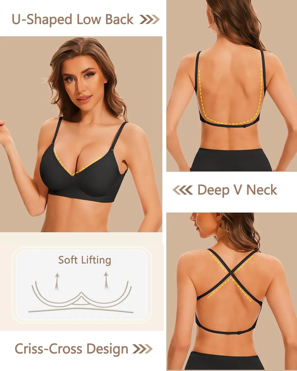 Deep V Neck Backless Bras for Women Padded Bralette Push Up Seamless Wire-Free Low Back Bra Convertible Straps