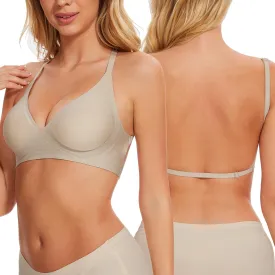 Deep V Neck Backless Bras for Women Padded Bralette Push Up Seamless Wire-Free Low Back Bra Convertible Straps