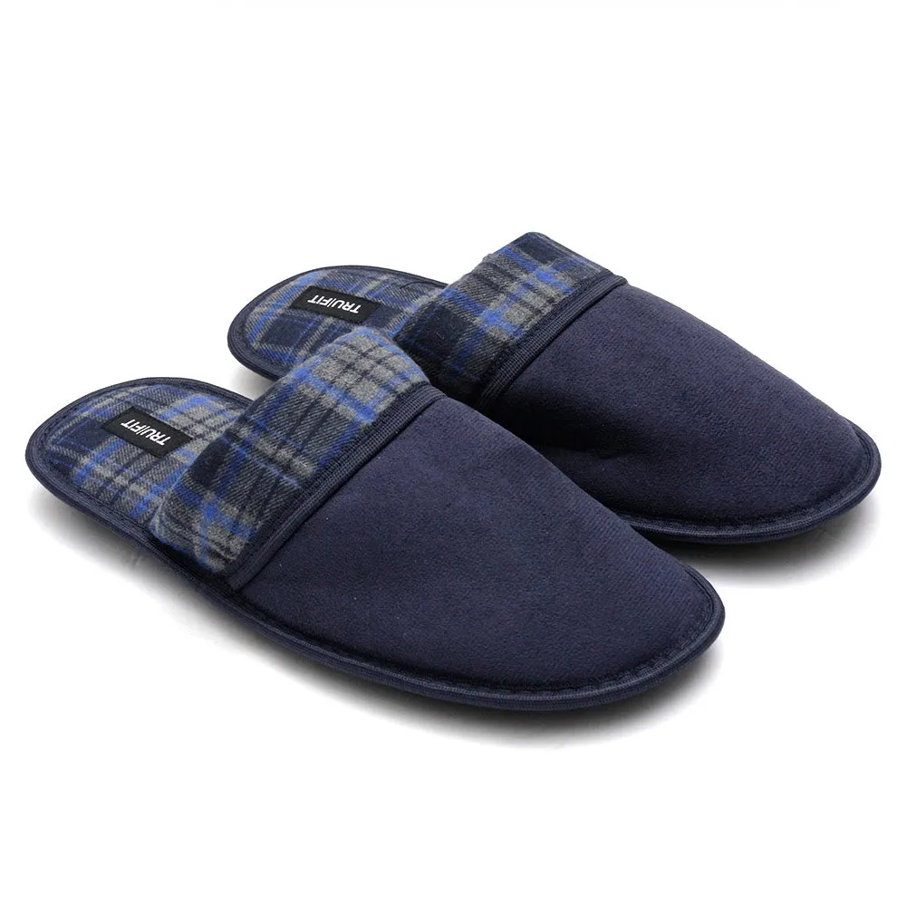 Mens Plaid Slippers Slip On Fleece Lined Indoor Comfortable Micro Suede Shoes