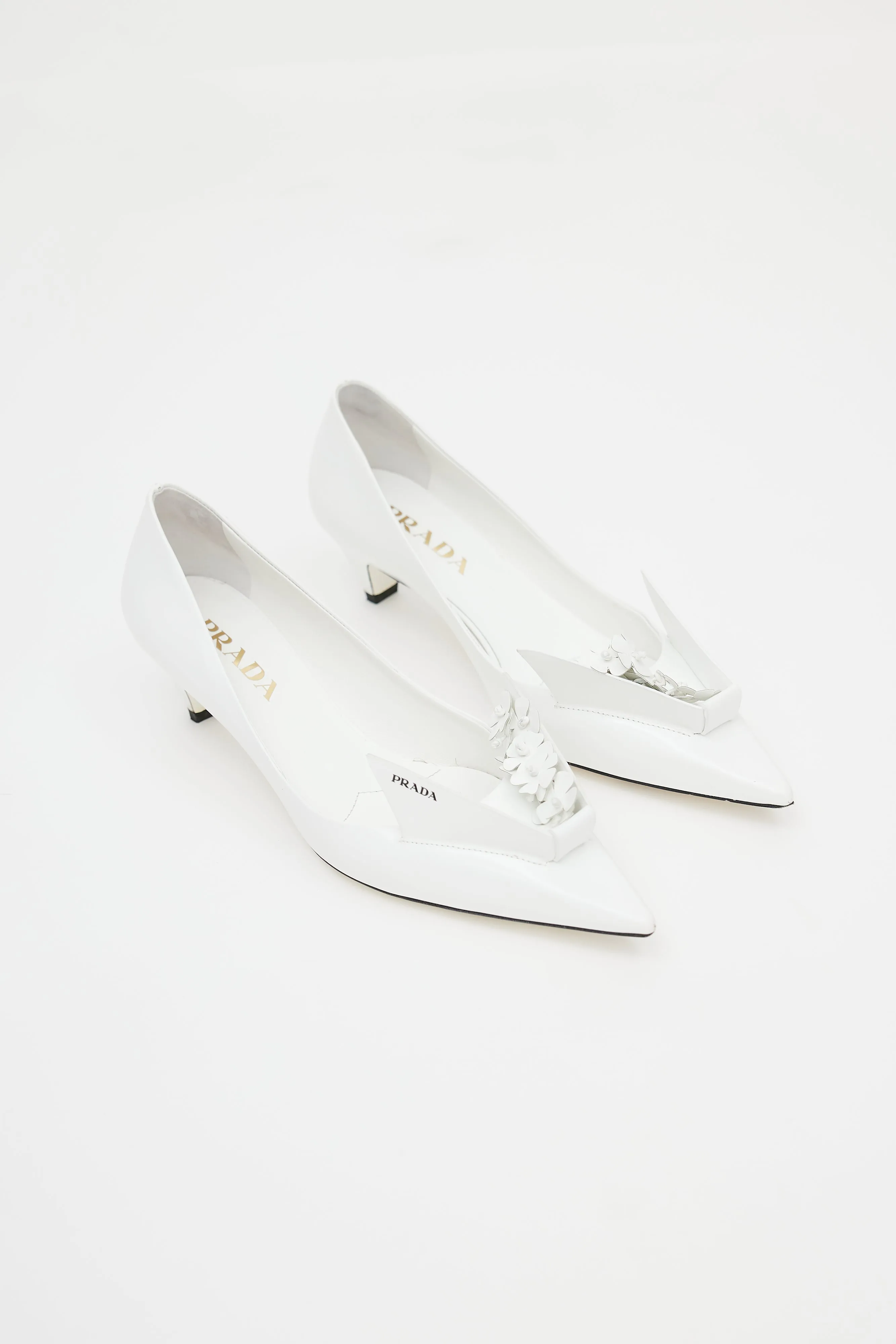 White Floral Appliqué Leather Heel