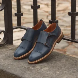 Women's Double Monk Leather Shoes Blue 3045